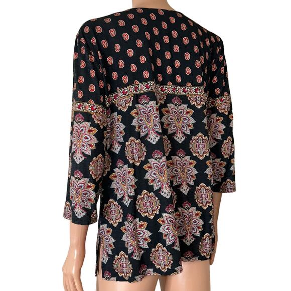 Chico's Parisian Medallion Lace-Up Top SZ 2 (LG) boho flowy 3/4 sleeve neck tie - Picture 4 of 10